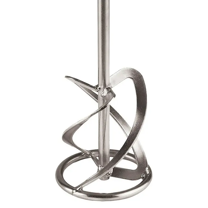 Berg Mörtelrührer MR 120 G - Mischvolumen: 25 l - 20 l, M 14, Verzinkt, Mit Schutzring - Nahaufnahme eines Mörtelrührers mit gewundenen Metallklingen und einer zentralen Welle vor einem schwarzen Hintergrund.