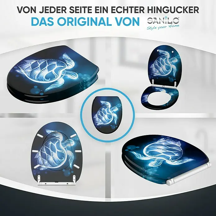 SANILO WC-Sitz Glow Turtle mit Schnellverschluss - MDF, Blau, Mit Absenkautomatik