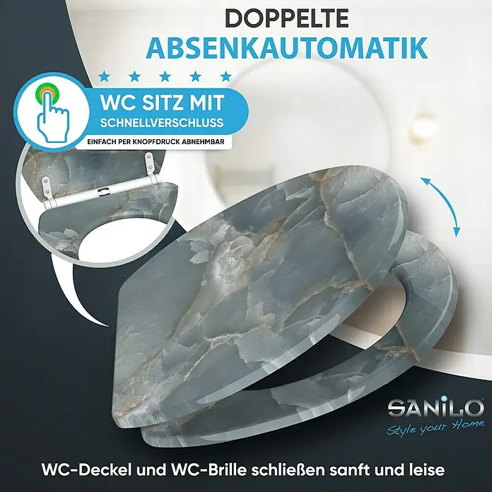 SANILO WC-Sitz Marmor Italia mit Schnellverschluss - MDF, Grau, Mit Absenkautomatik