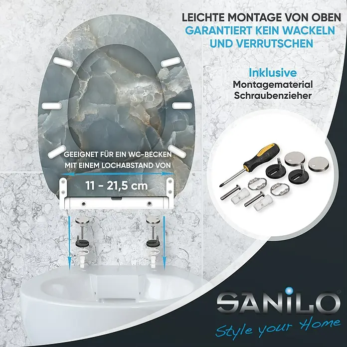 SANILO WC-Sitz Marmor Italia mit Schnellverschluss - MDF, Grau, Mit Absenkautomatik