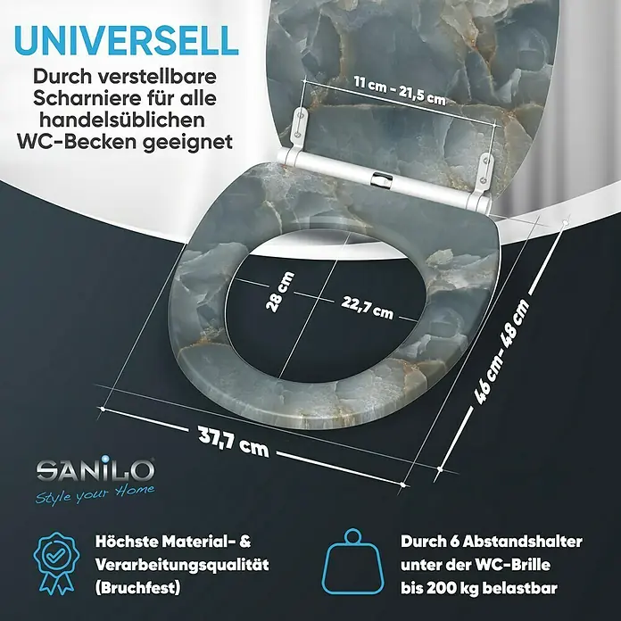 SANILO WC-Sitz Marmor Italia mit Schnellverschluss - MDF, Grau, Mit Absenkautomatik