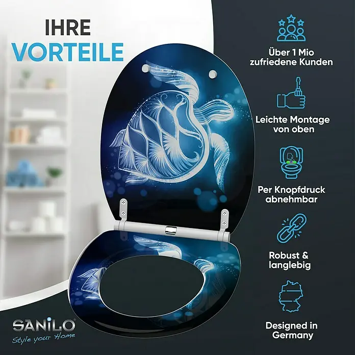 SANILO WC-Sitz Glow Turtle mit Schnellverschluss - MDF, Blau, Mit Absenkautomatik