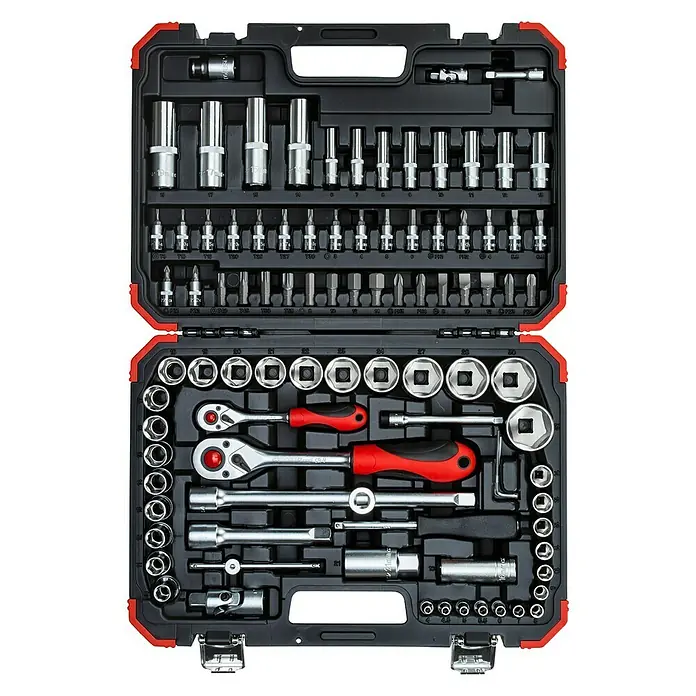 Gedore red Set de llaves de vaso - 94 pzs., Tamaño de accionamiento: ½″ - Maletín de herramientas con una variedad de llaves de vaso, puntas de destornillador y carracas para diversos trabajos de reparación y mantenimiento.