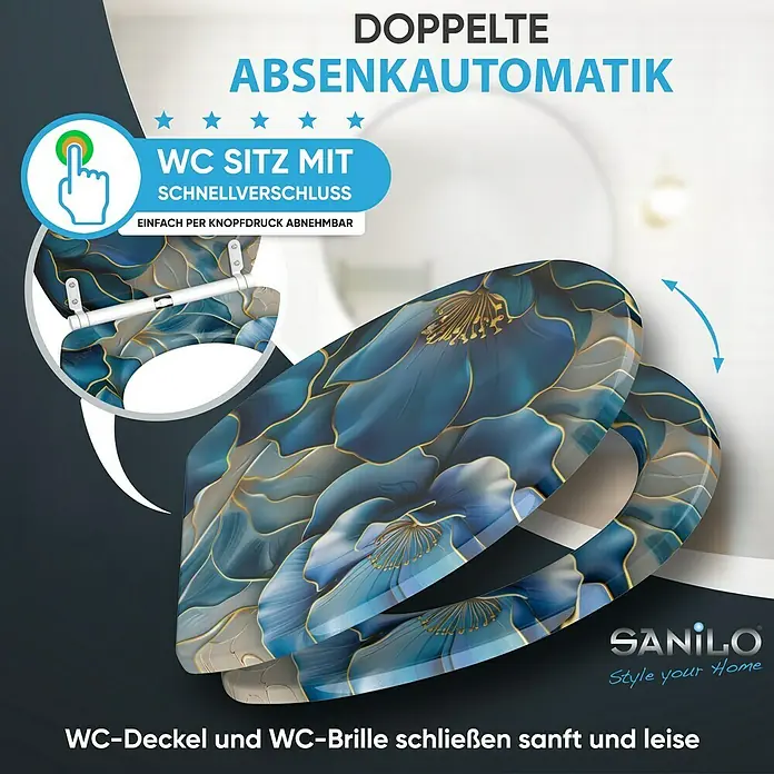 SANILO WC-Sitz Bluemara mit Schnellverschluss - MDF, Blau, Mit Absenkautomatik
