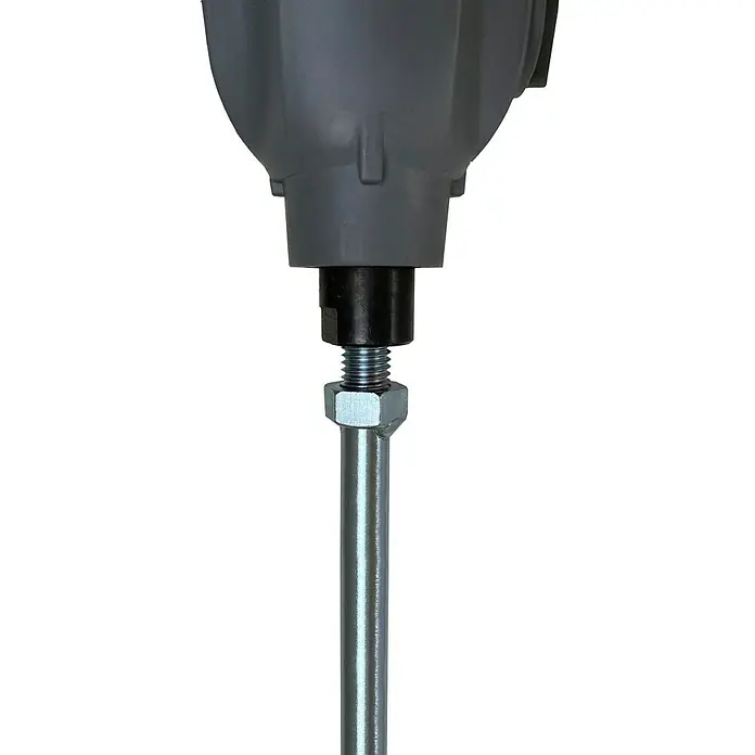 Berg Wendelrührer WRR 140 G - Mischvolumen: 45 l - 75 l, M 14, Mit Schutzring - Detailaufnahme eines Industrie-Bauteils mit Gewindestange, Mutter und grauem Gehäuse vor schwarzem Hintergrund.