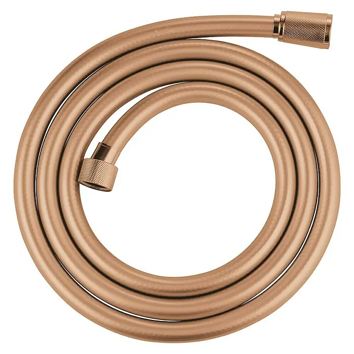 Grohe Brauseschlauch Silverflex - Länge: 175 cm, ½″, Kunststoff, Warm Sunset - Braune Schlauchleitung mit gerändelten Endstücken, die in einer kreisförmigen Anordnung auf einem schwarzen Hintergrund liegt.
