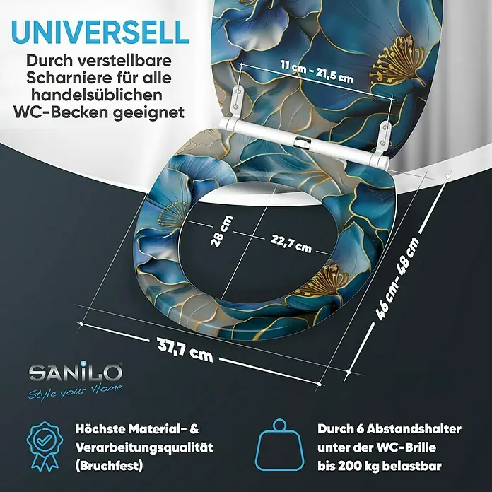 SANILO WC-Sitz Bluemara mit Schnellverschluss - MDF, Blau, Mit Absenkautomatik
