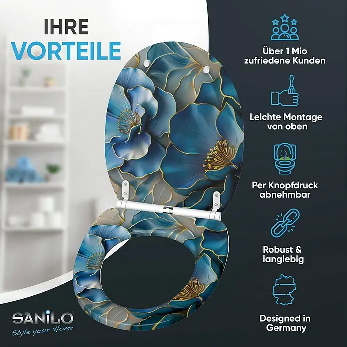 SANILO WC-Sitz Bluemara mit Schnellverschluss - MDF, Blau, Mit Absenkautomatik