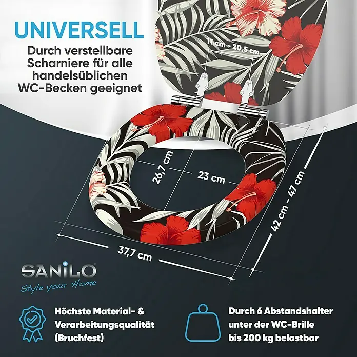 SANILO WC-Sitz Hibisca mit Absenkautomatik - MDF, Schwarz, Mit Absenkautomatik