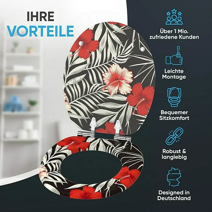 SANILO WC-Sitz Hibisca mit Absenkautomatik - MDF, Schwarz, Mit Absenkautomatik