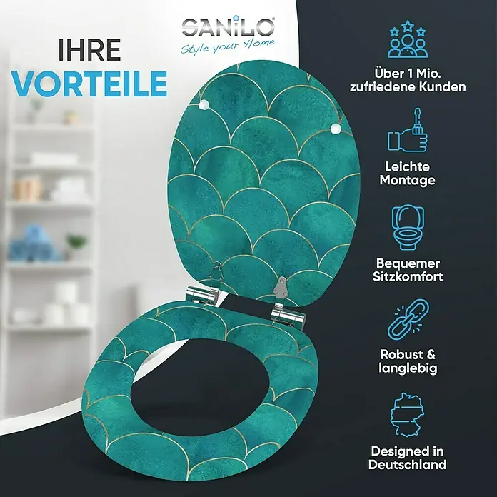 SANILO WC-Sitz Aquarell mit Absenkautomatik - MDF, Blau, Mit Absenkautomatik