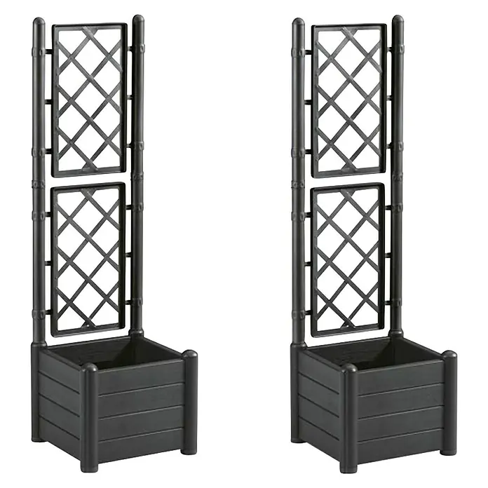 Pflanzkasten Set - Außenmaß (L x B x H): 43 x 43 x 142 cm, Kunststoff, Anthrazit, mit Spalier, 2 Stk. - Zwei dunkelgraue Pflanzkästen aus Kunststoff mit integrierten Rankgittern im Rautenmuster, ideal für Kletterpflanzen.