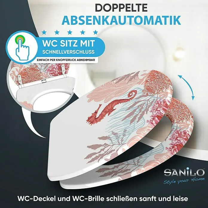 SANILO WC-Sitz Sea Horse mit Schnellverschluss - MDF, Weiß, Mit Absenkautomatik