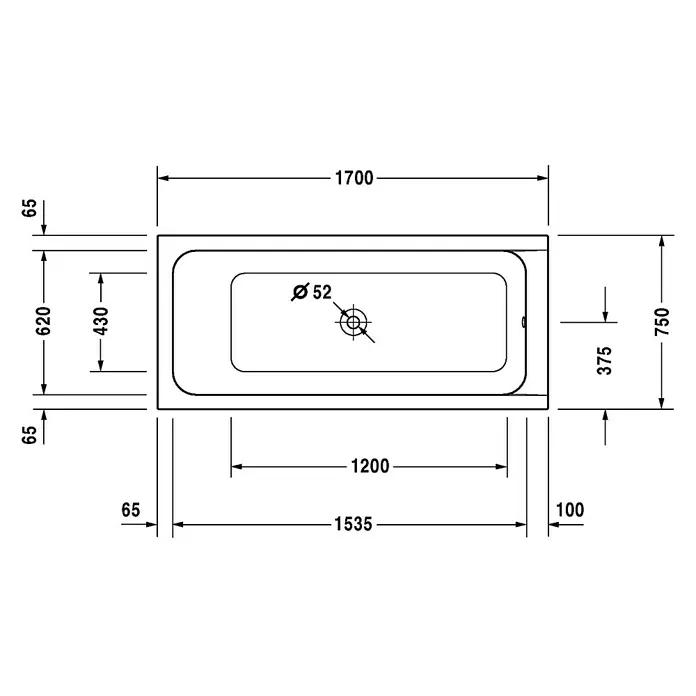Duravit D-Code Badewanne - 170 x 75 cm, Sanitäracryl, Weiß - Draufsicht eines Bades mit Maßen. Die Badewanne ist rechteckig mit abgerundeten Ecken und einem Durchmesser von 52 mm für den Abfluss.