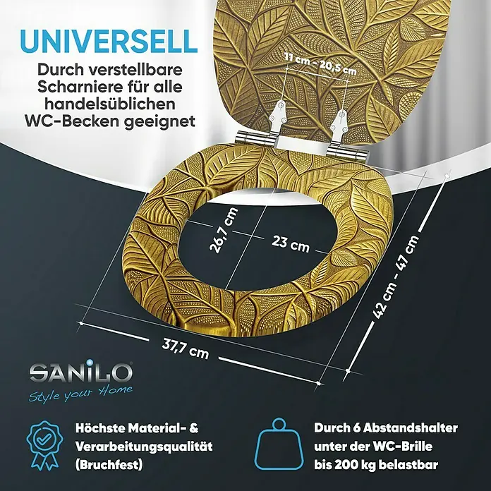 SANILO WC-Sitz Bractea mit Absenkautomatik - MDF, Goldfarben, Mit Absenkautomatik