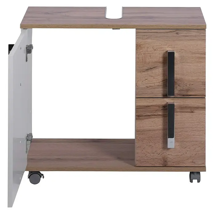 Schildmeyer Luca Waschtischunterschrank - 65 x 32 x 60 cm, Weiß/Wotaneiche - Moderner Waschtischunterschrank in Holzoptik mit weißer Tür und zwei Schubladen, ideal für Badezimmer.