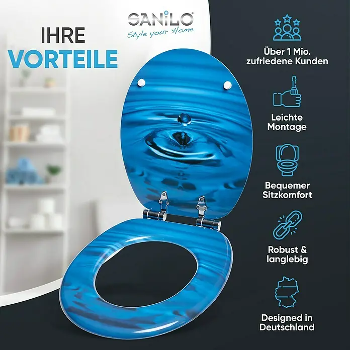 SANILO WC-Sitz Tropfen mit Absenkautomatik - MDF, Blau, Mit Absenkautomatik