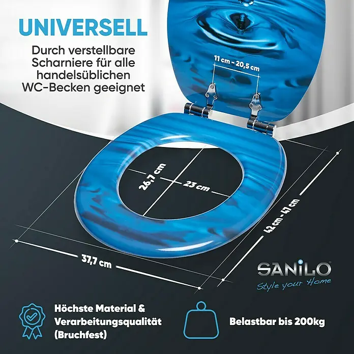 SANILO WC-Sitz Tropfen mit Absenkautomatik - MDF, Blau, Mit Absenkautomatik