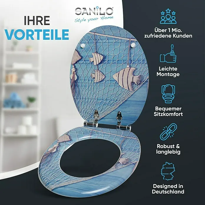 SANILO WC-Sitz Seefahrt mit Absenkautomatik - MDF, Blau, Mit Absenkautomatik