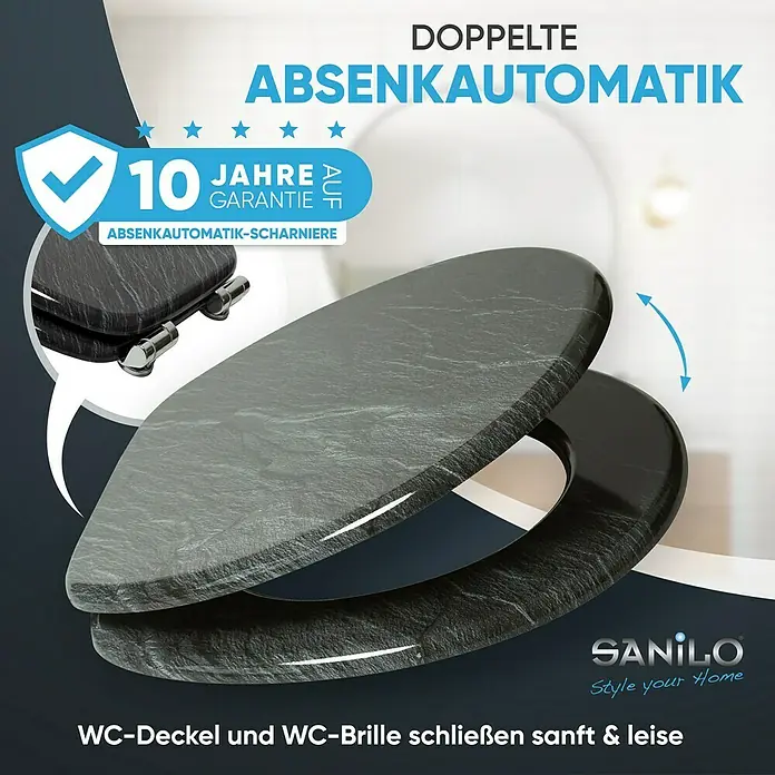 SANILO WC-Sitz Granit mit Absenkautomatik - MDF, Schwarz, Mit Absenkautomatik