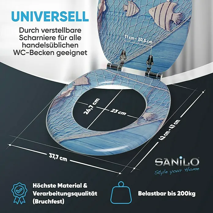 SANILO WC-Sitz Seefahrt mit Absenkautomatik - MDF, Blau, Mit Absenkautomatik