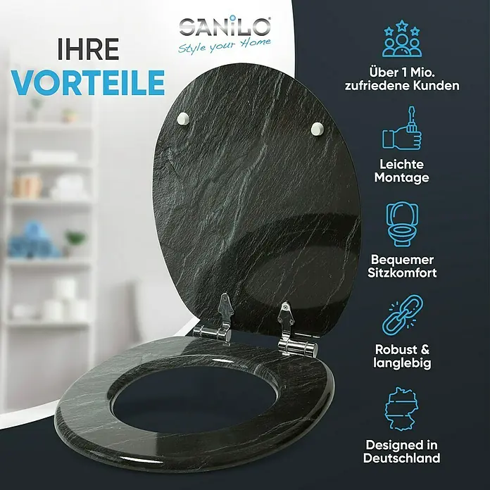 SANILO WC-Sitz Granit mit Absenkautomatik - MDF, Schwarz, Mit Absenkautomatik