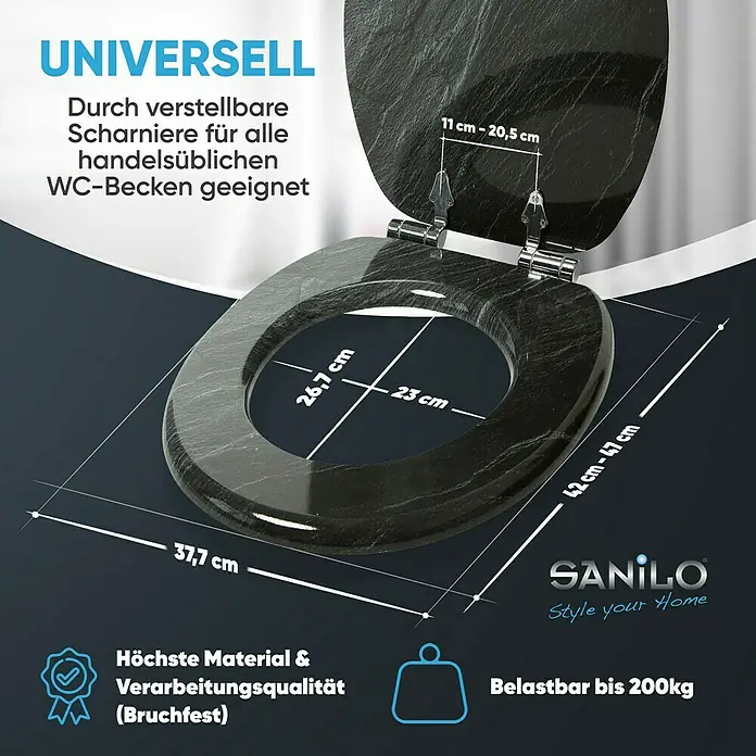 SANILO WC-Sitz Granit mit Absenkautomatik - MDF, Schwarz, Mit Absenkautomatik