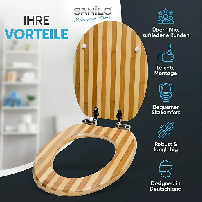 SANILO WC-Sitz Bambus Gestreift mit Absenkautomatik - MDF, Braun, Mit Absenkautomatik
