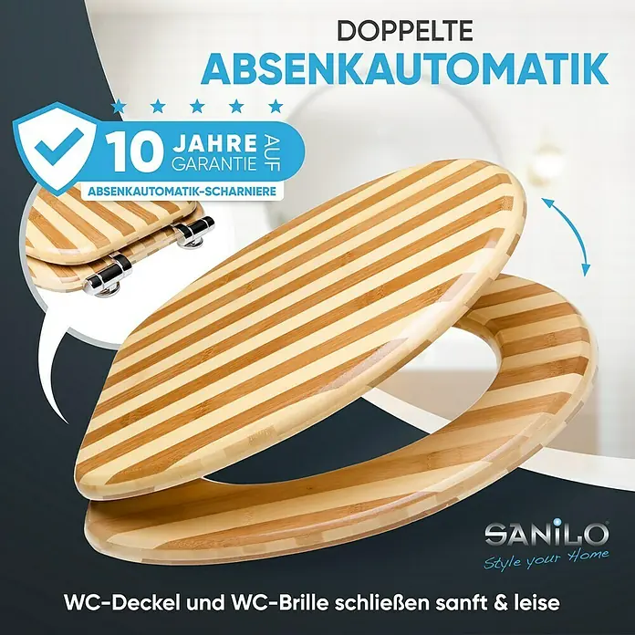 SANILO WC-Sitz Bambus Gestreift mit Absenkautomatik - MDF, Braun, Mit Absenkautomatik