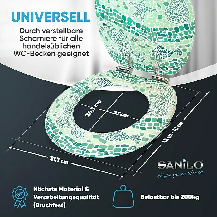 SANILO WC-Sitz Mosaic World Green mit Absenkautomatik - MDF, Grün, Mit Absenkautomatik
