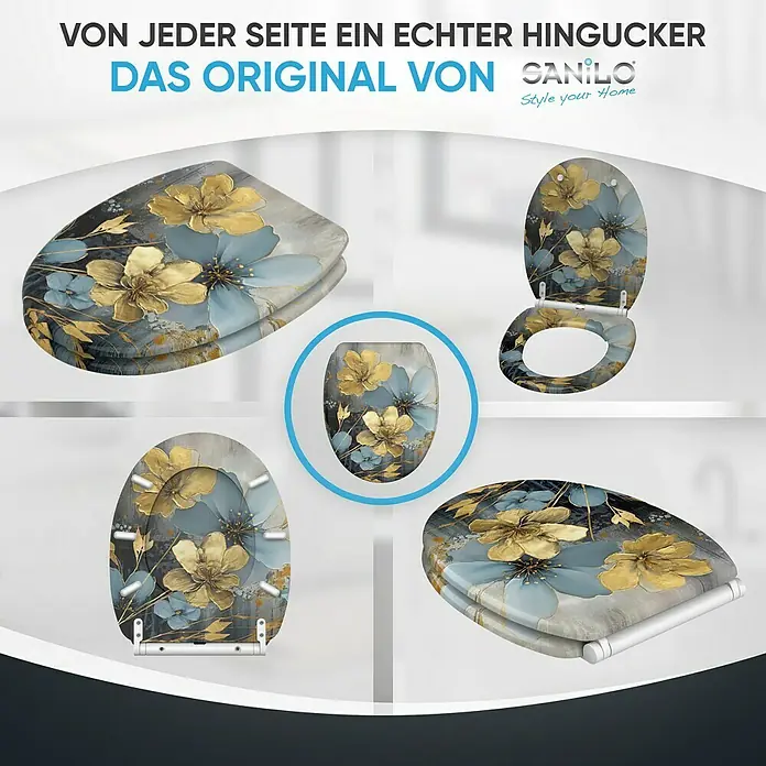 SANILO WC-Sitz Tronela mit Schnellverschluss - MDF, Blau|Gold, Mit Absenkautomatik