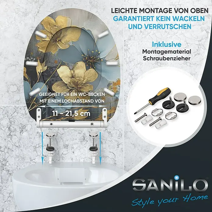 SANILO WC-Sitz Tronela mit Schnellverschluss - MDF, Blau|Gold, Mit Absenkautomatik