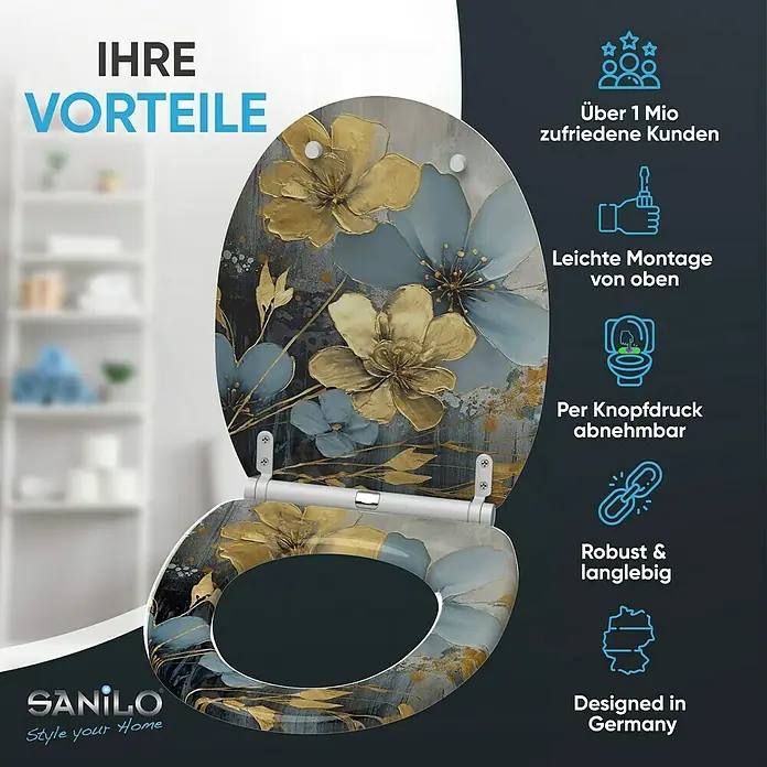 SANILO WC-Sitz Tronela mit Schnellverschluss - MDF, Blau|Gold, Mit Absenkautomatik