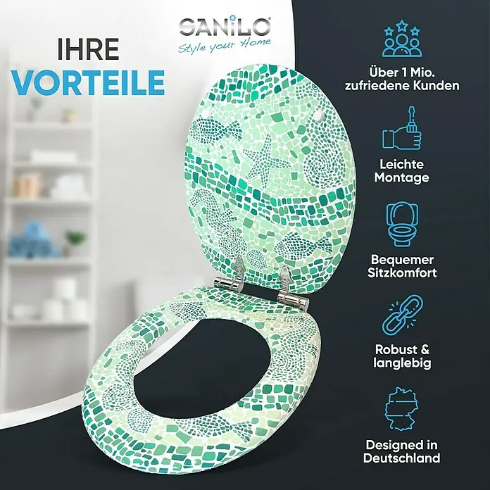 SANILO WC-Sitz Mosaic World Green mit Absenkautomatik - MDF, Grün, Mit Absenkautomatik