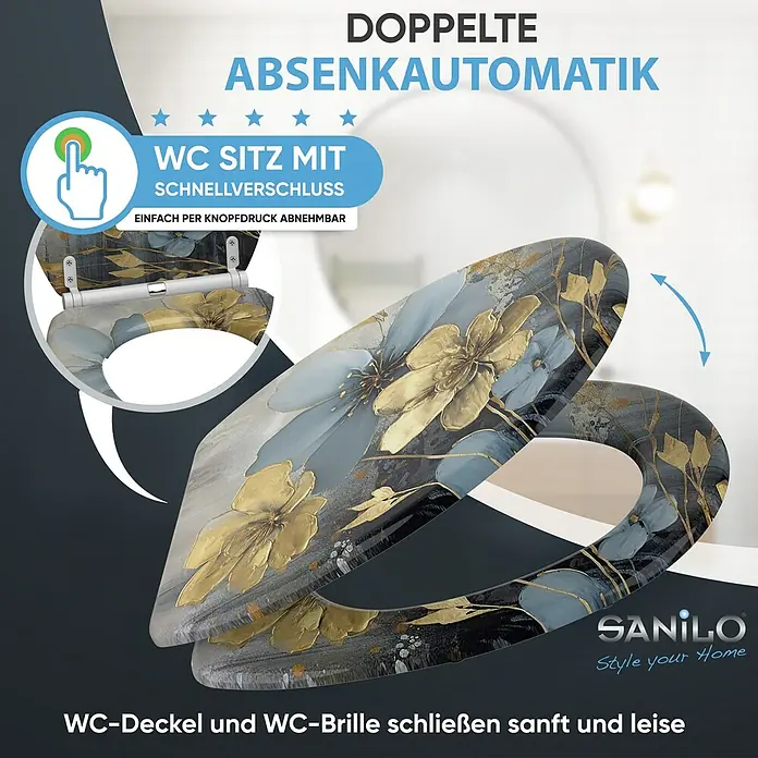 SANILO WC-Sitz Tronela mit Schnellverschluss - MDF, Blau|Gold, Mit Absenkautomatik
