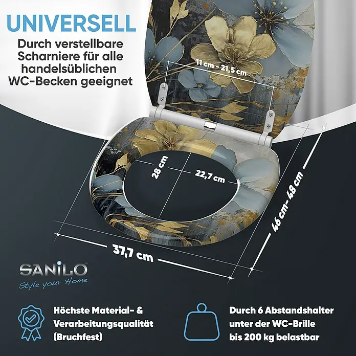 SANILO WC-Sitz Tronela mit Schnellverschluss - MDF, Blau|Gold, Mit Absenkautomatik