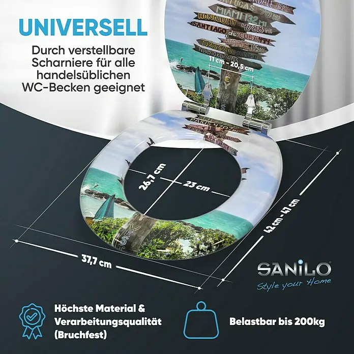 SANILO WC-Sitz Key West mit Absenkautomatik - MDF, Türkis, Mit Absenkautomatik