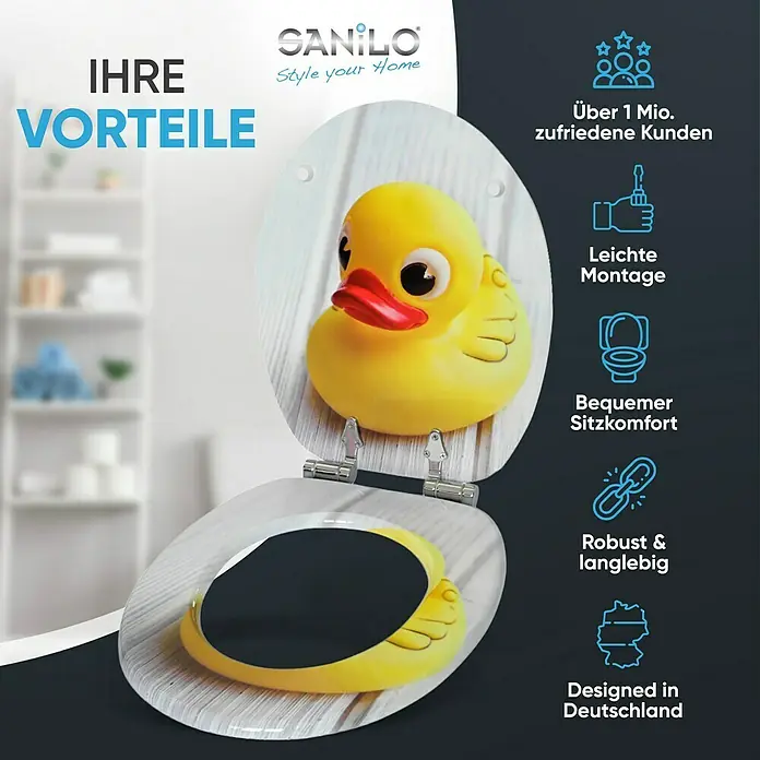 SANILO WC-Sitz Quietscheente mit Absenkautomatik - MDF, Gelb, Mit Absenkautomatik