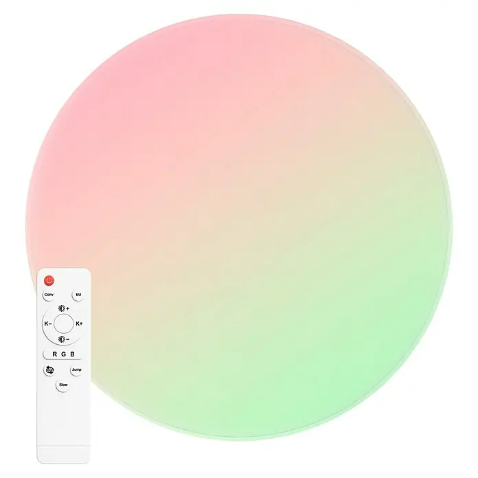 Panaled Plafón LED redondo Prisma - 55 W, Ø x Al: 47 x 7 cm, Blanco, RGBW - Panel de luz LED RGB redondo con un degradado de rosa a verde, controlado por el mando a distancia blanco incluido.