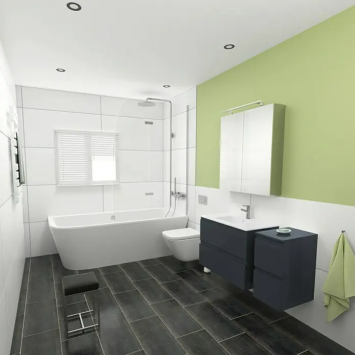 Camargue Espacio Badmöbel-Set J15 - 110 cm, Gama anthrazit glänzend - Badezimmeransicht mit Badewanne, Dusche, Toilette, Waschtisch und grün gestrichener Wand für eine frische Atmosphäre.