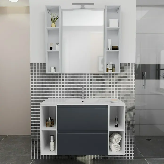 Camargue Espacio Badmöbel-Set i74 - 100 cm, Gama anthrazit matt - Stilvoller Badezimmerschrank mit Waschbecken und viel Stauraum. Das moderne Design mit grauen Akzenten passt perfekt in jedes Badezimmer.