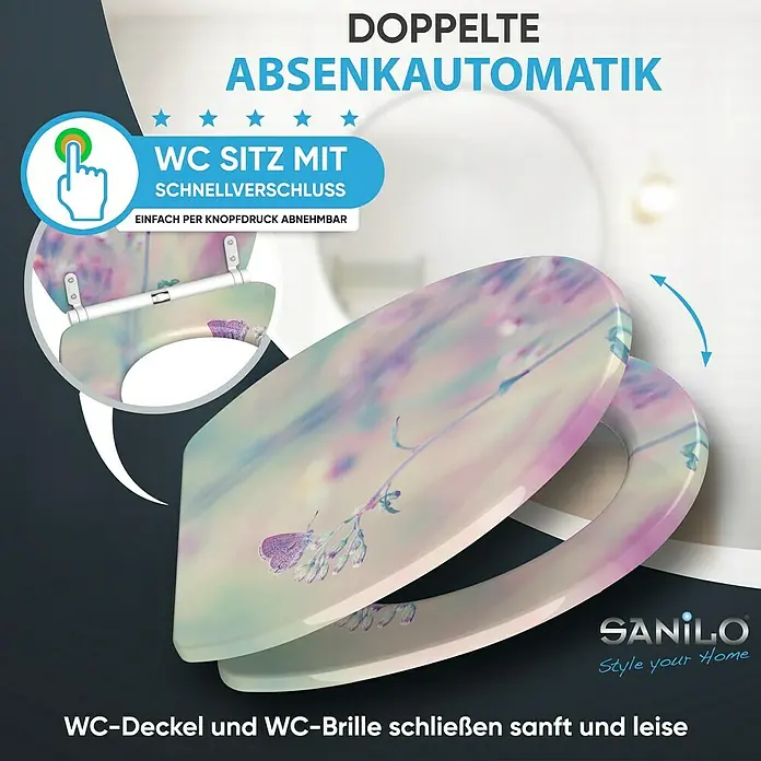 SANILO WC-Sitz Meadow mit Schnellverschluss - MDF, Lila, Mit Absenkautomatik