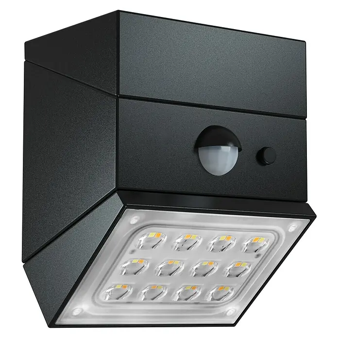 Luceco Aplique solar para exterior Rubix - 2,5 W, Blanco neutro, Negro, Temperatura del color: 3.000 K - 6.000 K, Orientable 180° - Lámpara de pared LED exterior negra texturizada con sensor de movimiento integrado.