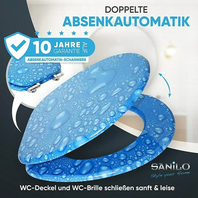 SANILO WC-Sitz Tautropfen Blau mit Absenkautomatik - MDF, Blau, Mit Absenkautomatik