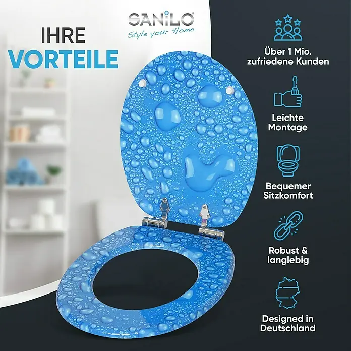 SANILO WC-Sitz Tautropfen Blau mit Absenkautomatik - MDF, Blau, Mit Absenkautomatik