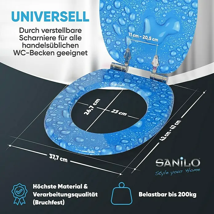 SANILO WC-Sitz Tautropfen Blau mit Absenkautomatik - MDF, Blau, Mit Absenkautomatik