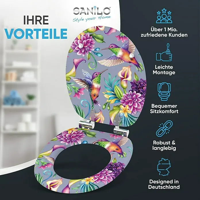 SANILO WC-Sitz Kolibri mit Absenkautomatik - MDF, Violett, Mit Absenkautomatik