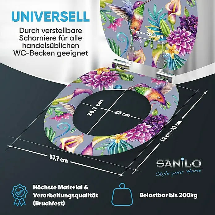 SANILO WC-Sitz Kolibri mit Absenkautomatik - MDF, Violett, Mit Absenkautomatik