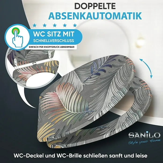SANILO WC-Sitz Farn mit Schnellverschluss - MDF, Grau, Mit Absenkautomatik