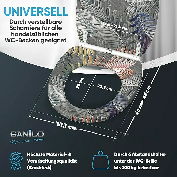 SANILO WC-Sitz Farn mit Schnellverschluss - MDF, Grau, Mit Absenkautomatik